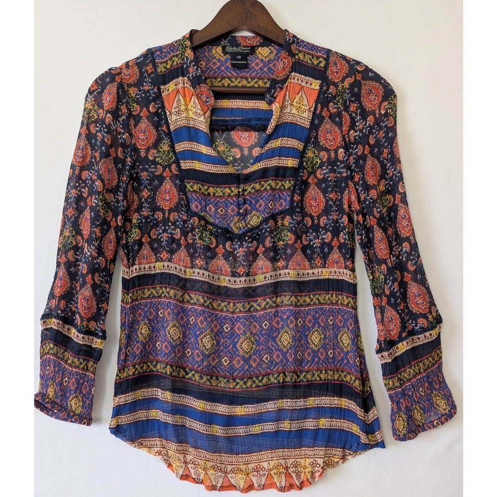 Lucky Brand Paisley Print Blouse XS Long Sleeve Sheer Gauze Boho Festival Y2K